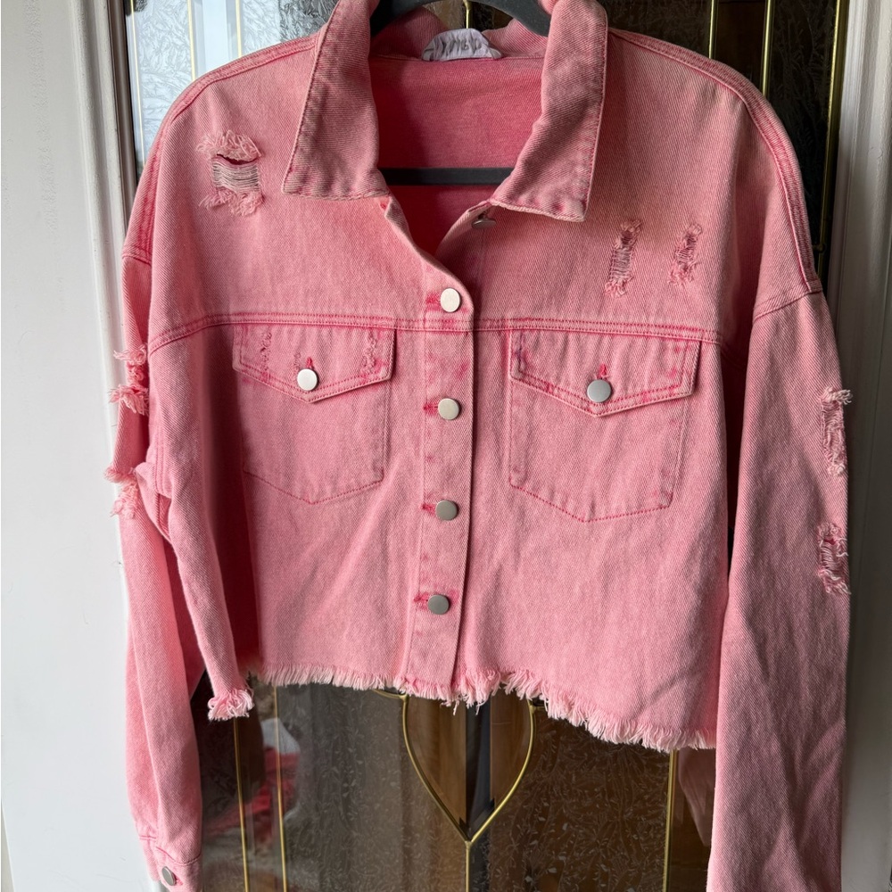 Pink Distressed Cropped Denim Jacket - Women
